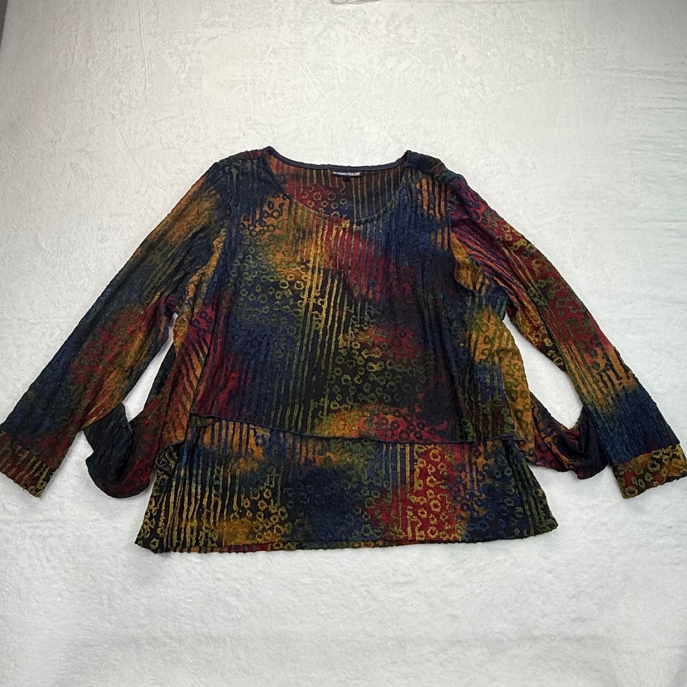 The Pyramid Collection Burnout Tunic Top Colorful Print Long Sleeve 1X
